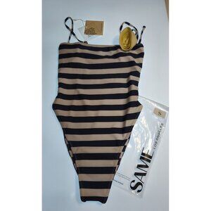 SAME Los Angeles Striped Choker One-Piece Swimsuit Navy Beige S NWT